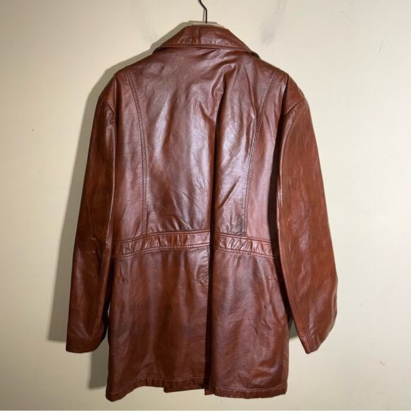 VINTAGE DE LONG 70s Brown Cowhide Glove Leather belted mob wife trench coat XL - Picture 6 of 8